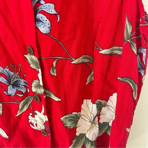 Caribbean Joe Red Floral Pattern Collared Button Down Sleeveless Blouse - Picture 4 of 6